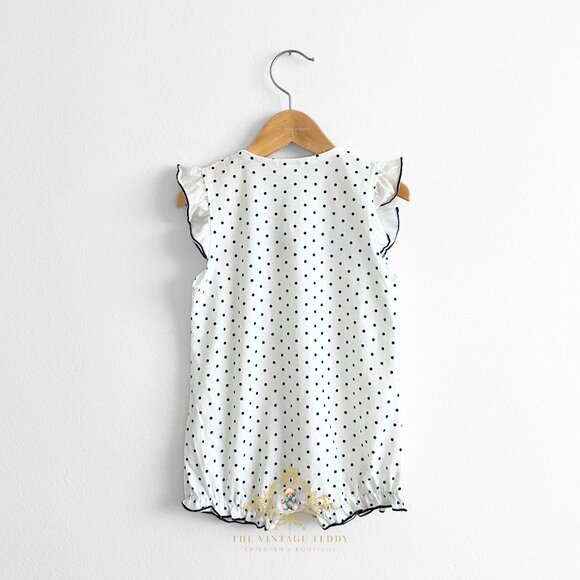 NWT Pretty Girls One-piece Romper Bubble Ruffled Polkadots White & Navy 0-3M - Picture 2 of 3